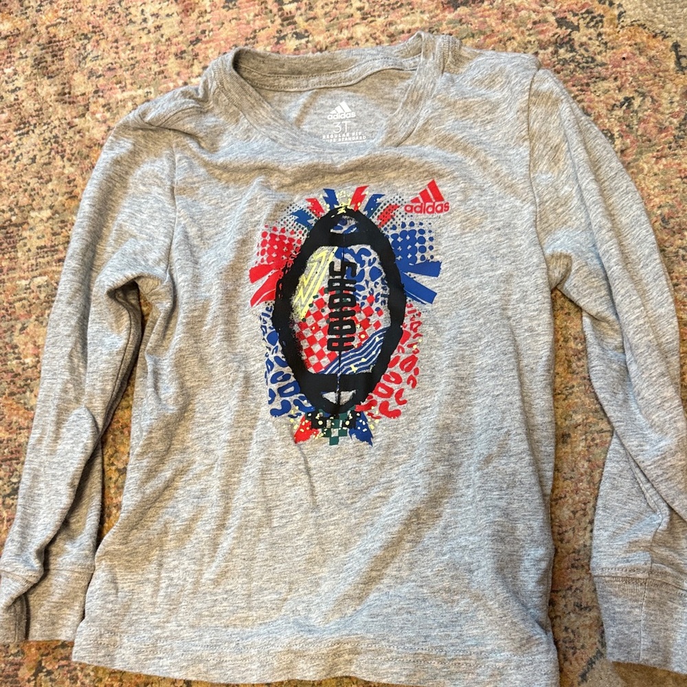 Adidas Kids Gray Long Sleeve Tee with Colorful Football Design